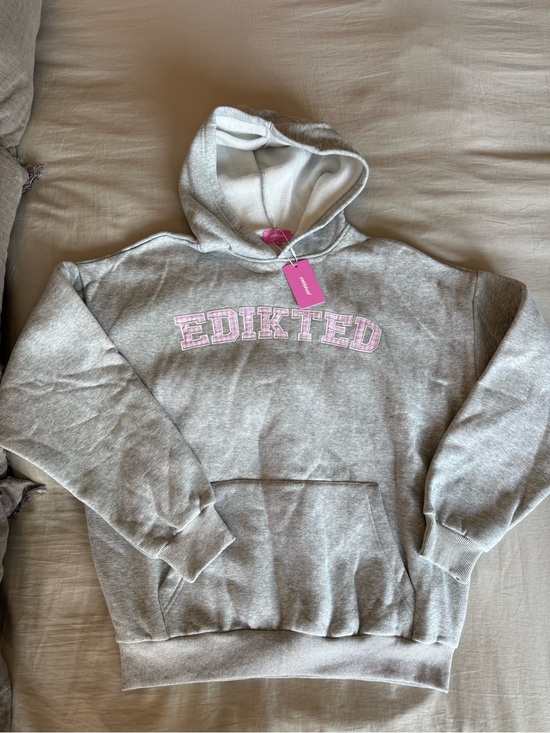 Edikted Tops - Edikted Grey Hoodie with Pink Plaid Logo Patch